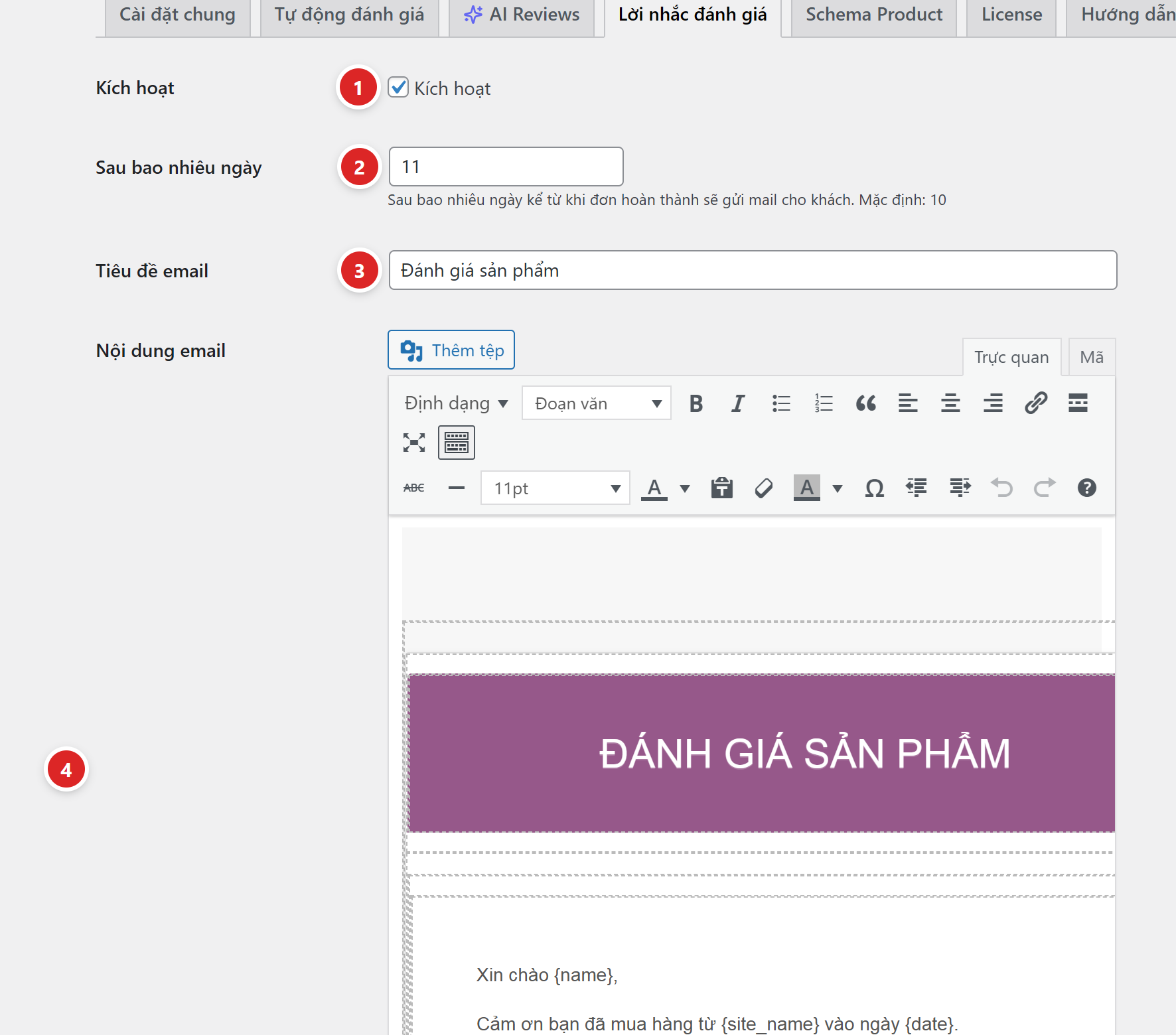 Biểu mẫu lời nhắc đánh giá với bốn vị trí được đánh số
