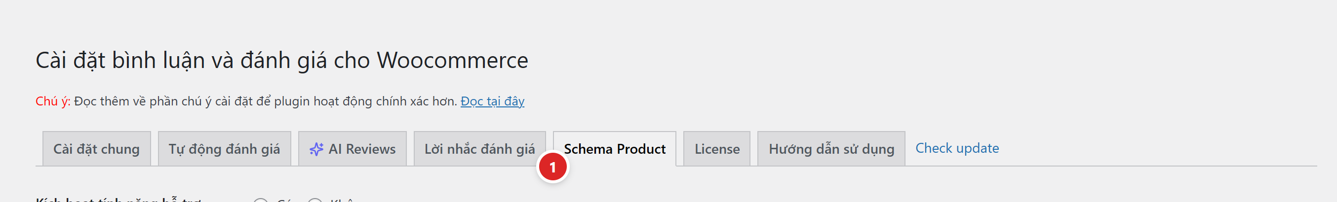 Thanh tab của plugin, chấm số 1 chỉ vào tab Schema Product