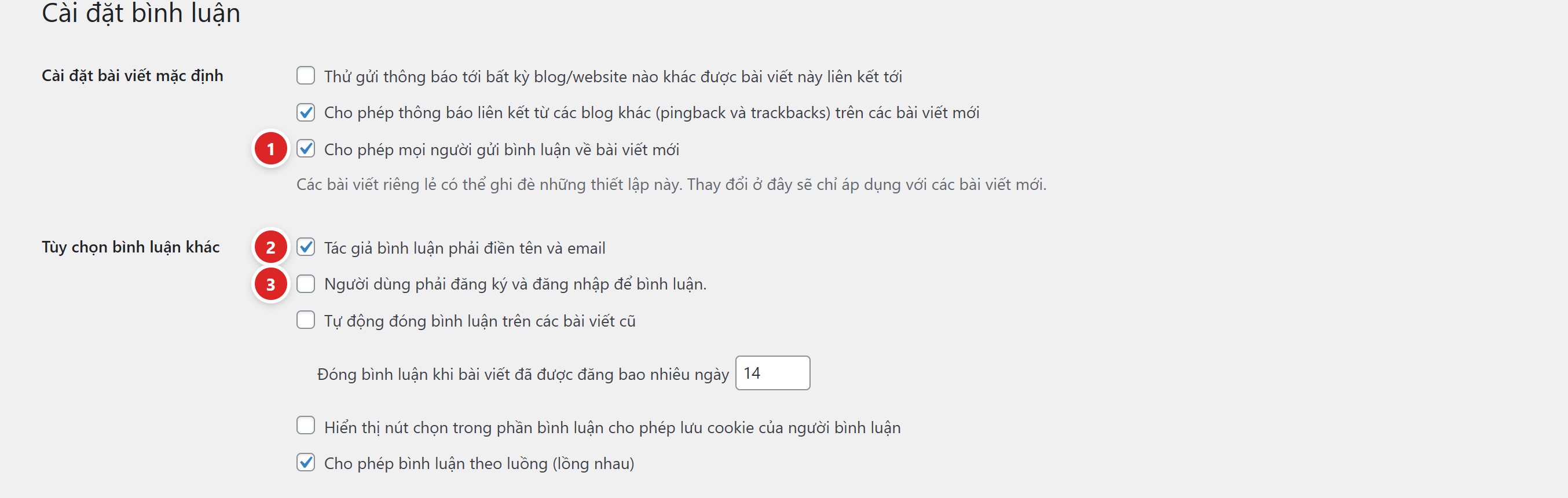 Trang Cài đặt Thảo luận của WordPress với ba tuỳ chọn được đánh số