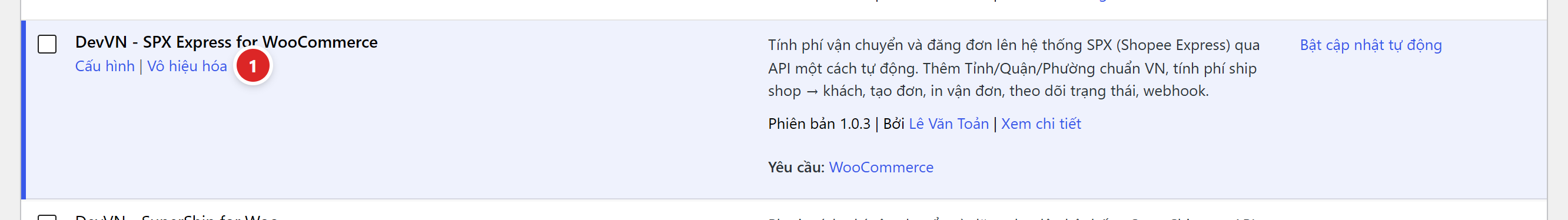 Dòng plugin SPX Express trong danh sách plugin với liên kết Vô hiệu hoá được đánh số 1