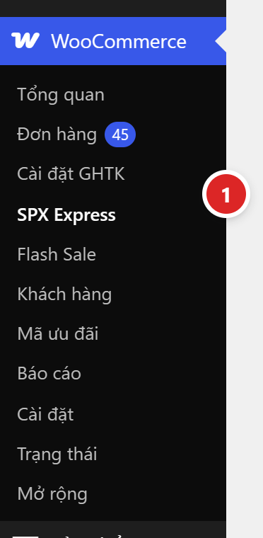 Menu WooCommerce với mục SPX Express được đánh số 1