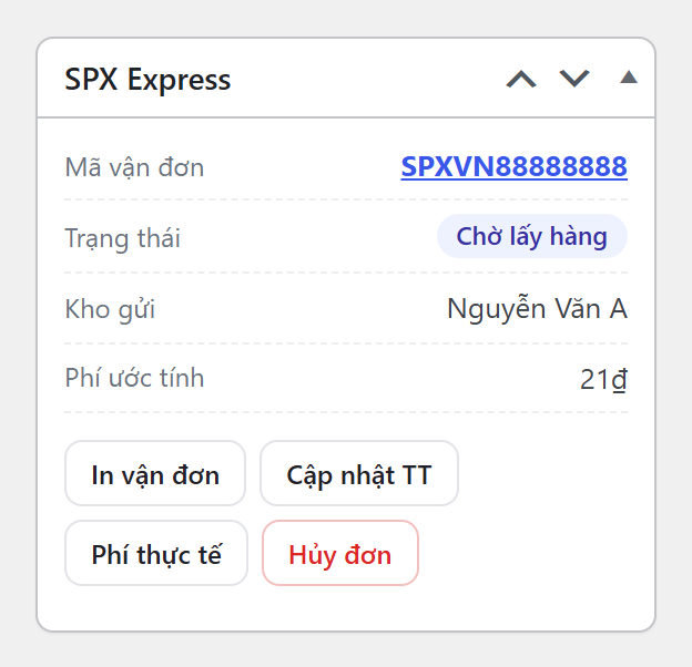 Hộp SPX Express của đơn đã tạo, hiện mã vận đơn, trạng thái, kho gửi, phí ước tính và bốn nút thao tác