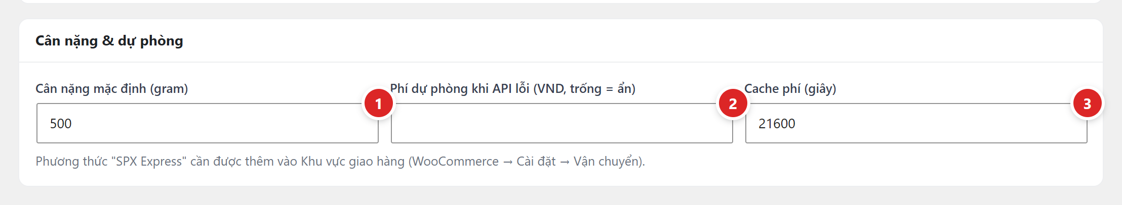 Ba ô cân nặng mặc định, phí dự phòng khi API lỗi và thời gian nhớ tạm kết quả
