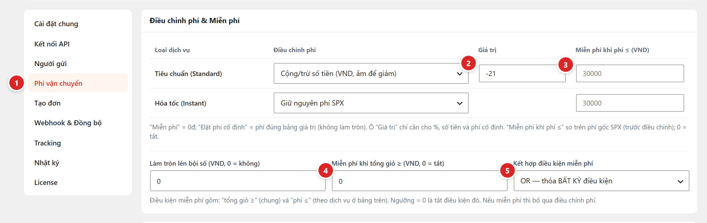 Bảng điều chỉnh phí cho hai dịch vụ Tiêu chuẩn và Hỏa tốc, kèm ô làm tròn phí và miễn phí khi đơn tối thiểu