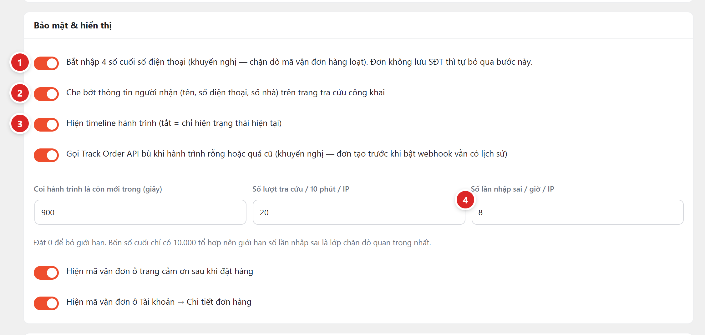 Khối Bảo mật và hiển thị với các tuỳ chọn bắt nhập số điện thoại, che bớt thông tin, hiện lịch sử và giới hạn số lần tra