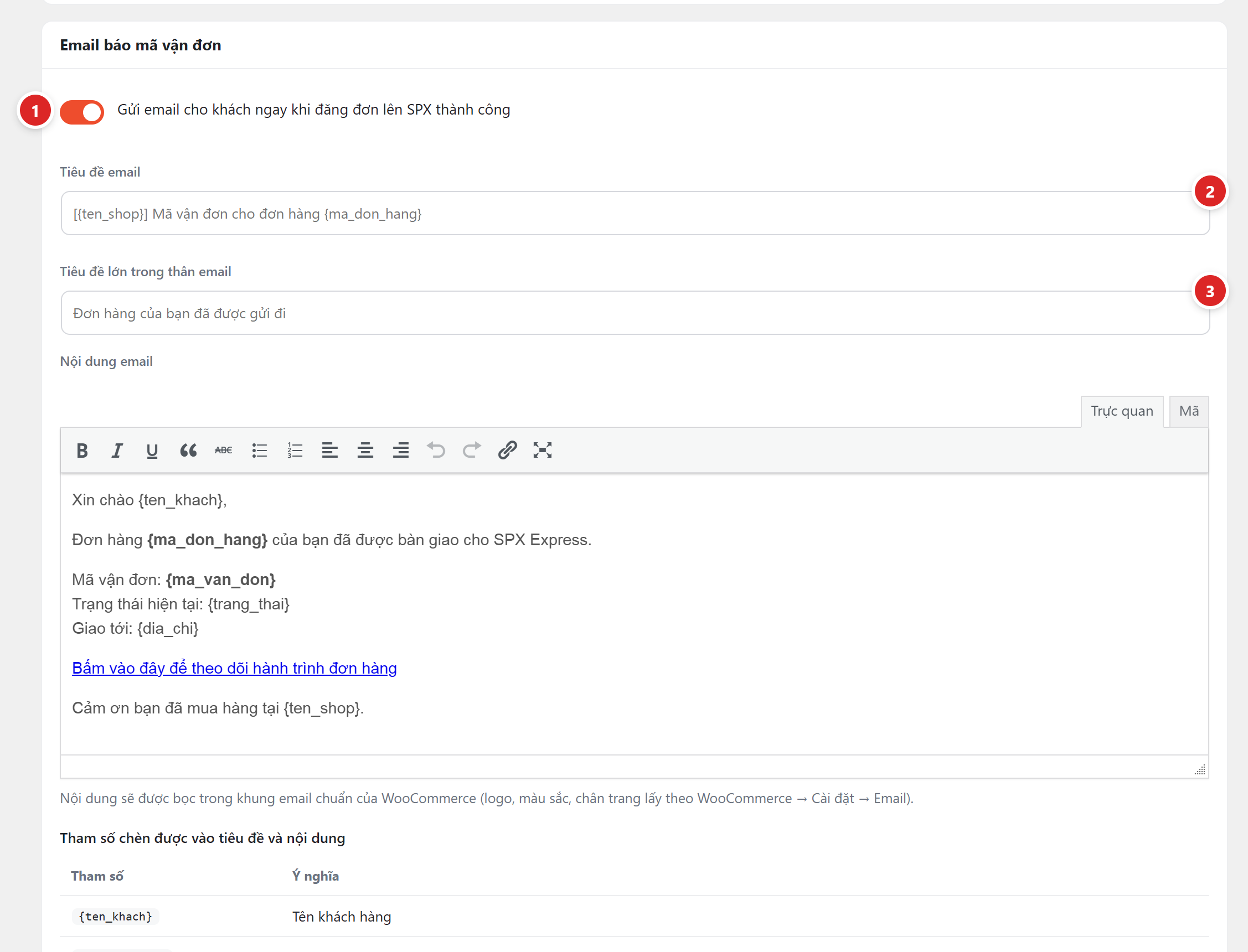 Khối Email báo mã vận đơn với công tắc bật, ô tiêu đề, ô tiêu đề trong mail và trình soạn thảo nội dung