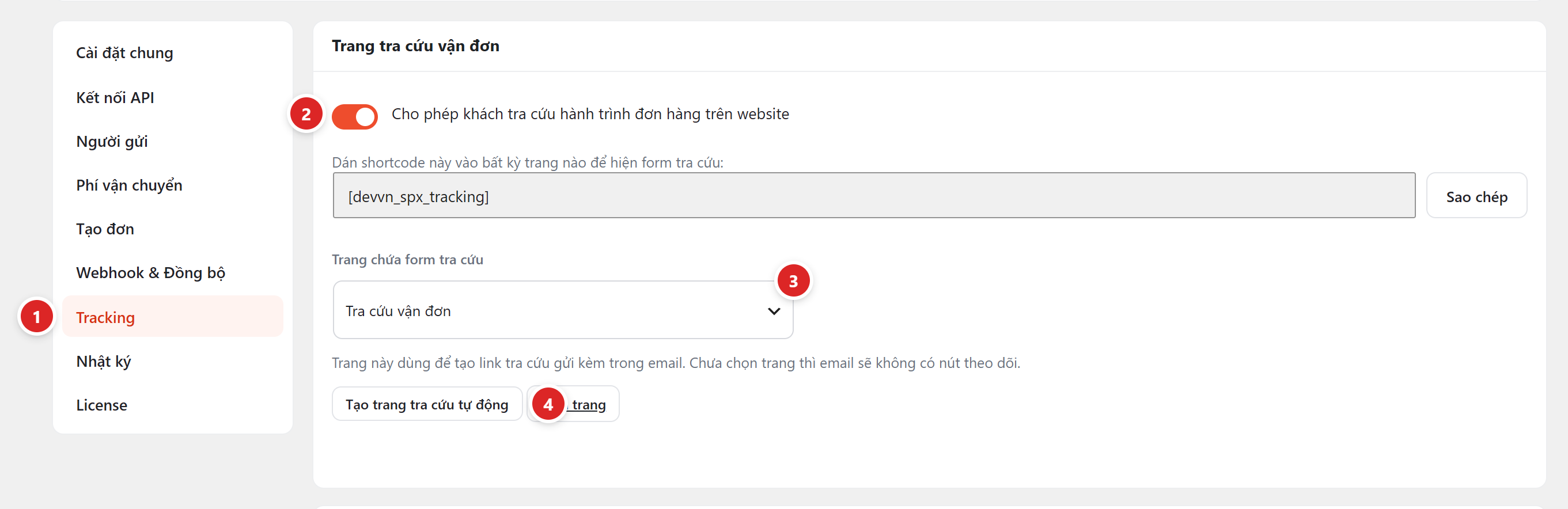 Khối Trang tra cứu vận đơn với công tắc bật, ô chọn trang và nút Tạo trang tra cứu tự động