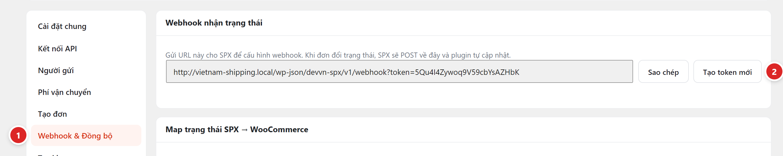 Khối Webhook nhận trạng thái với đường dẫn webhook, nút Sao chép và nút Tạo token mới
