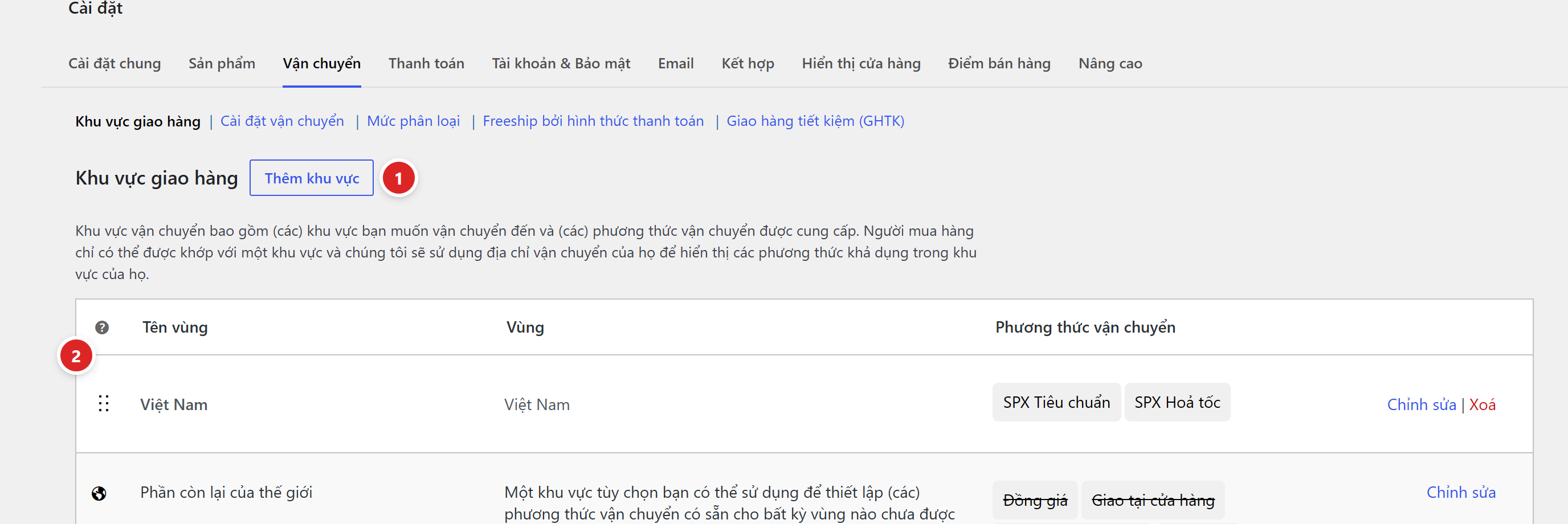 Danh sách khu vực giao hàng của WooCommerce, nút Thêm khu vực và một khu vực Việt Nam đã có hai phương thức SPX