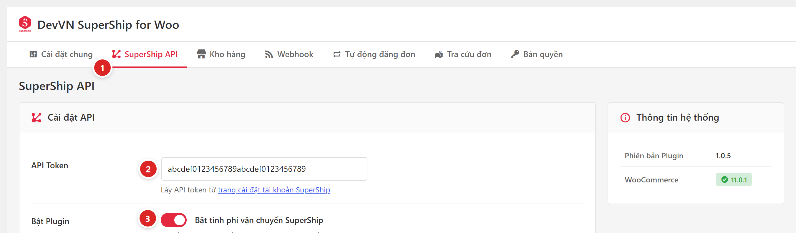 Tab SuperShip API với ô API Token, công tắc Bật Plugin và khối Thông tin hệ thống