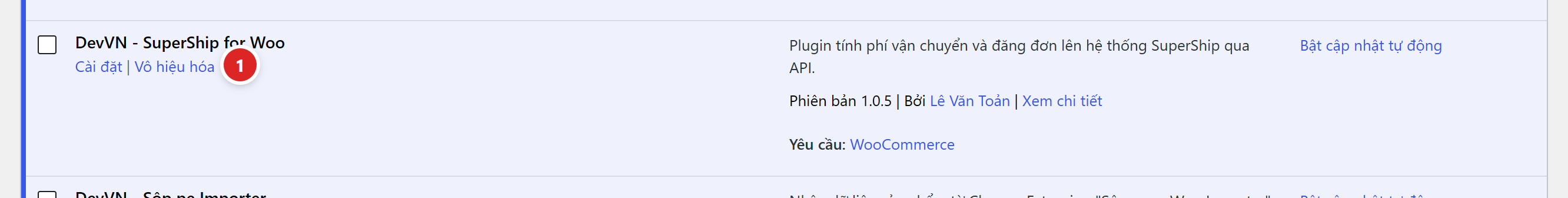 Dòng plugin DevVN SuperShip for Woo trong danh sách plugin đã cài đặt