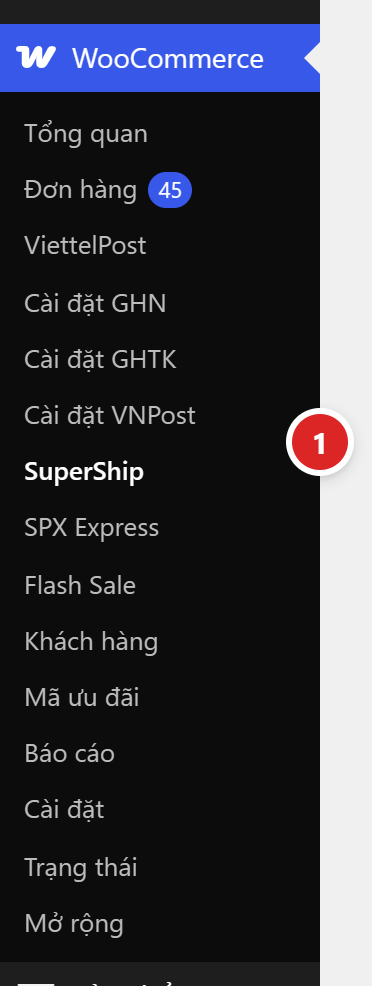 Menu WooCommerce trong quản trị WordPress, mục SuperShip