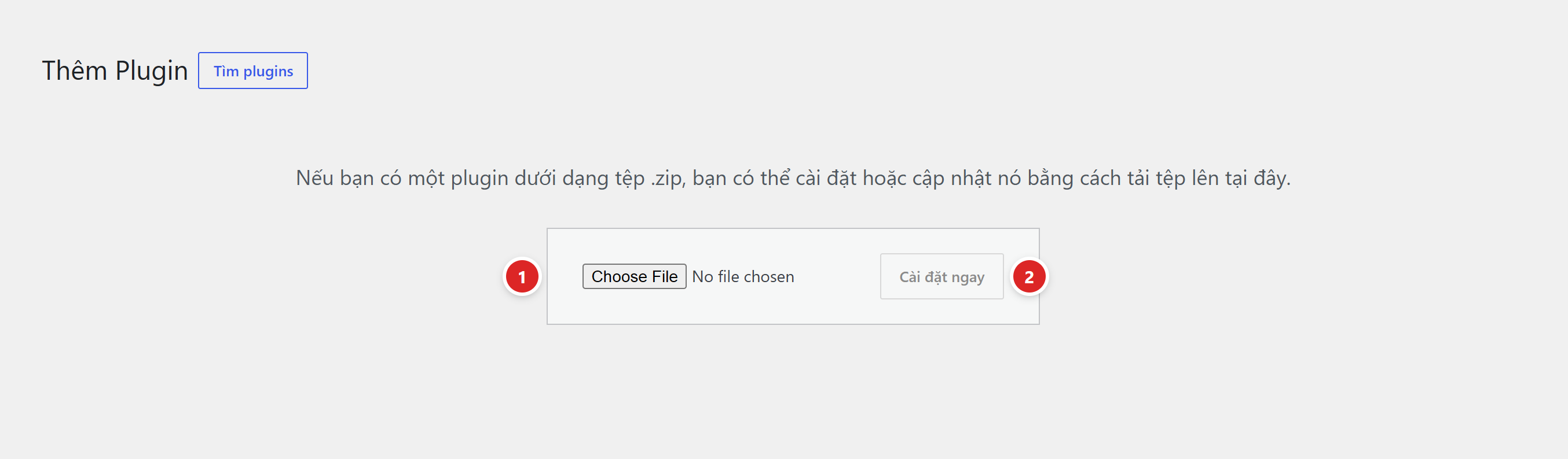 Màn hình Thêm Plugin của WordPress với ô chọn file zip và nút Cài đặt ngay