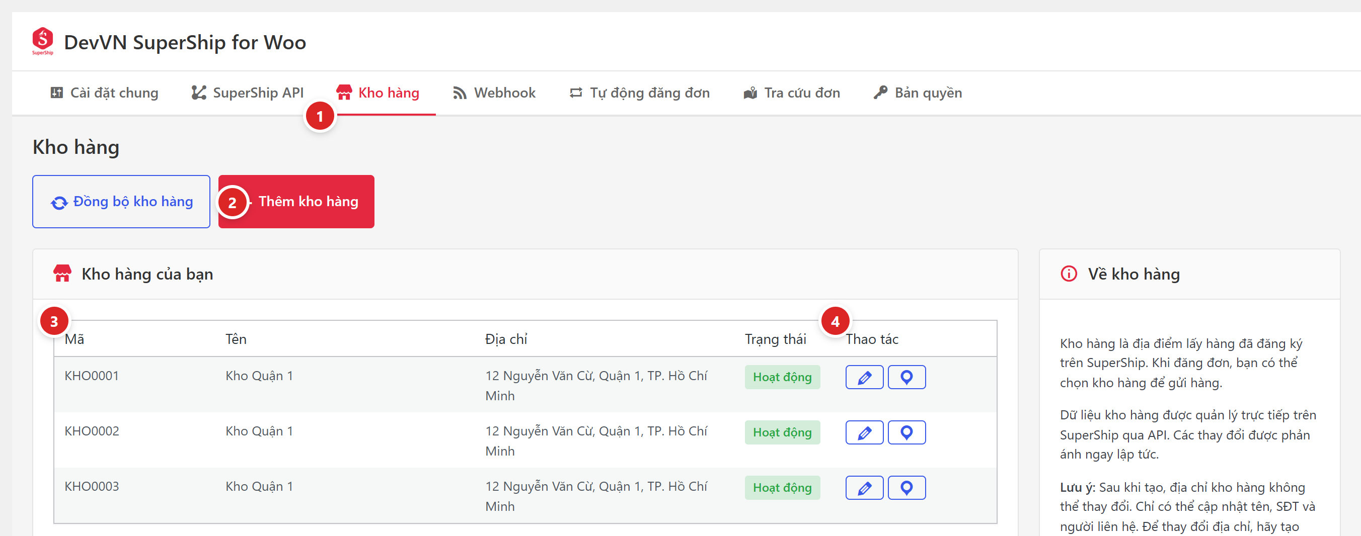 Tab Kho hàng với nút Đồng bộ kho hàng, nút Thêm kho hàng và bảng danh sách kho gồm Mã, Tên, Địa chỉ, Trạng thái, Thao tác