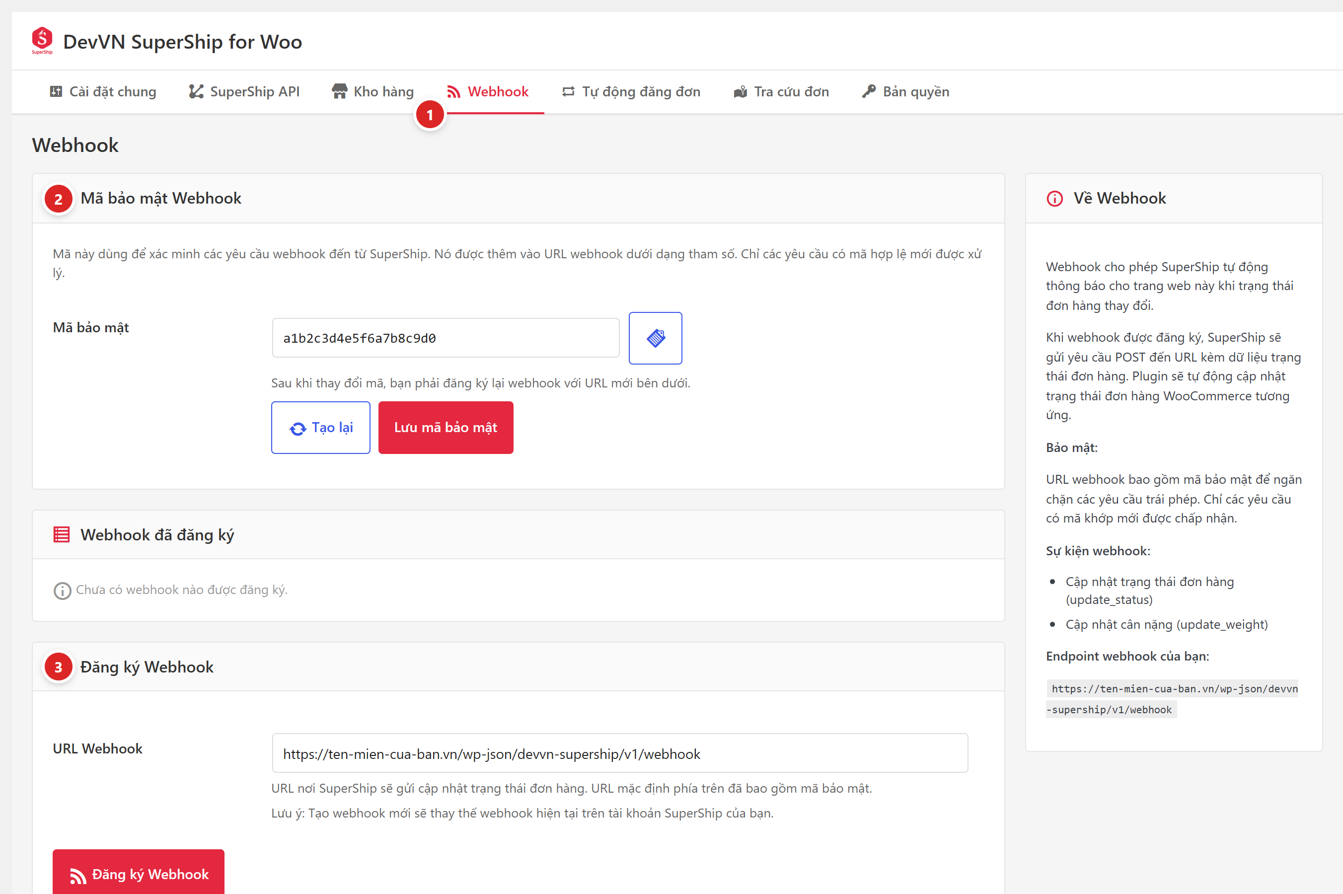 Tab Webhook với khối Mã bảo mật, danh sách webhook đã đăng ký và khối Đăng ký Webhook