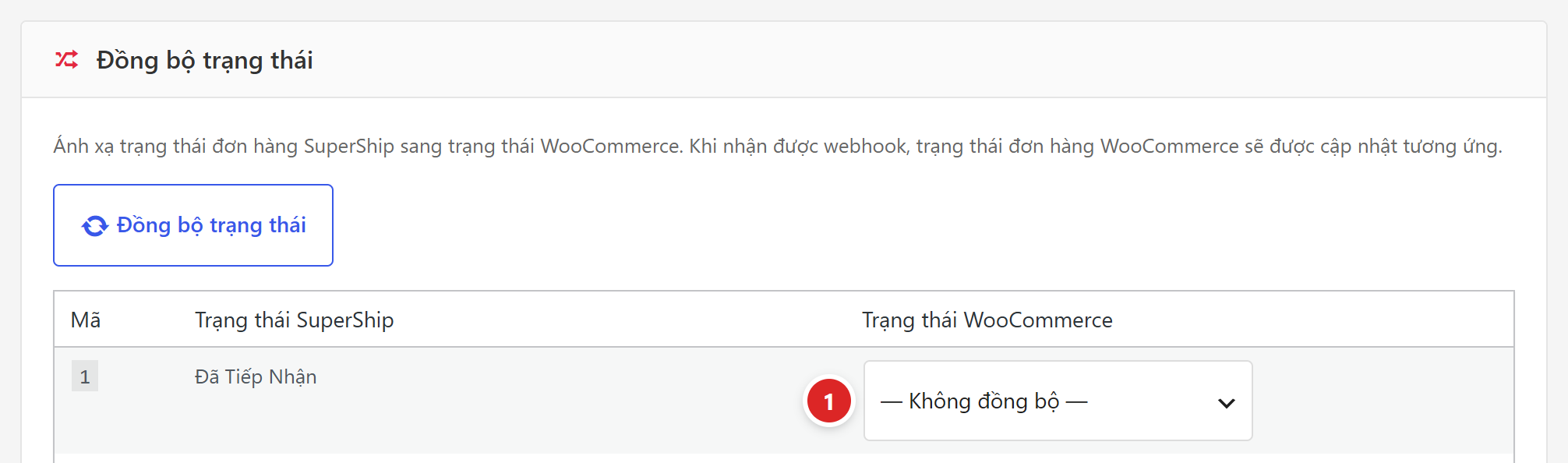 Bảng đồng bộ trạng thái với cột Mã, Trạng thái SuperShip và Trạng thái WooCommerce