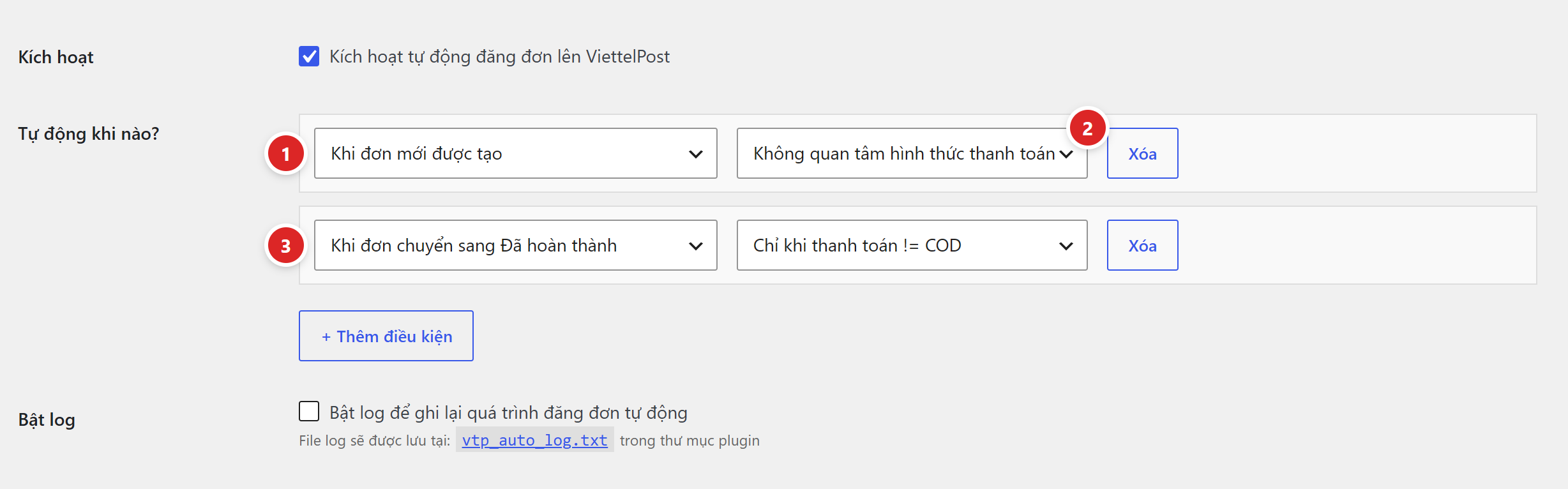 Hai dòng điều kiện, mỗi dòng gồm ô chọn trạng thái đơn, ô điều kiện thanh toán và nút Xóa, kèm nút Thêm điều kiện