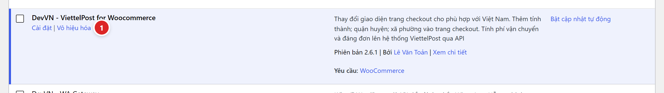 Dòng plugin DevVN ViettelPost trong danh sách plugin đã cài đặt, có liên kết Cài đặt và Vô hiệu hóa