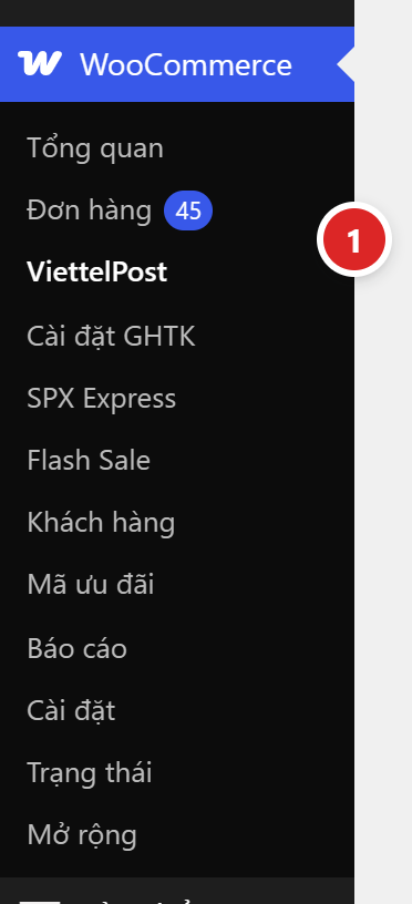 Menu WooCommerce trong quản trị WordPress, mục ViettelPost nằm dưới mục Đơn hàng