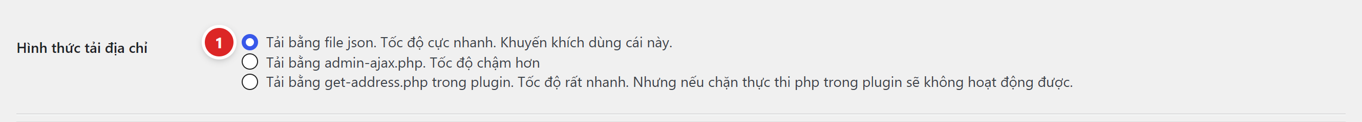 Ba lựa chọn hình thức tải địa chỉ: file json, admin-ajax.php và get-address.php