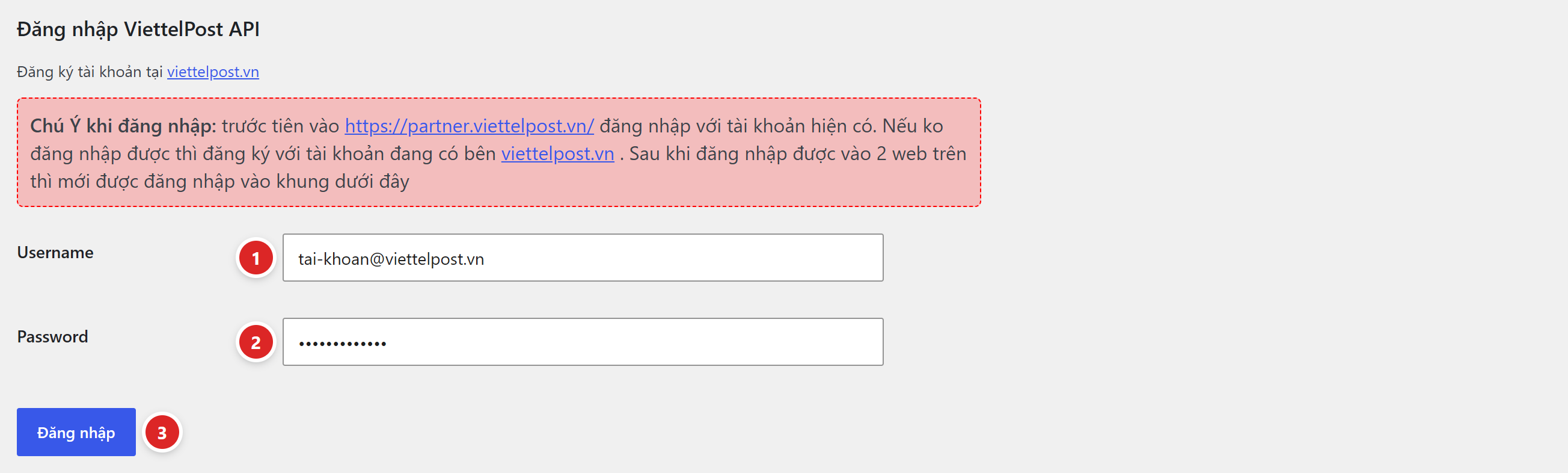 Khung Đăng nhập ViettelPost API với lời nhắc màu đỏ, ô Username, ô Password và nút Đăng nhập