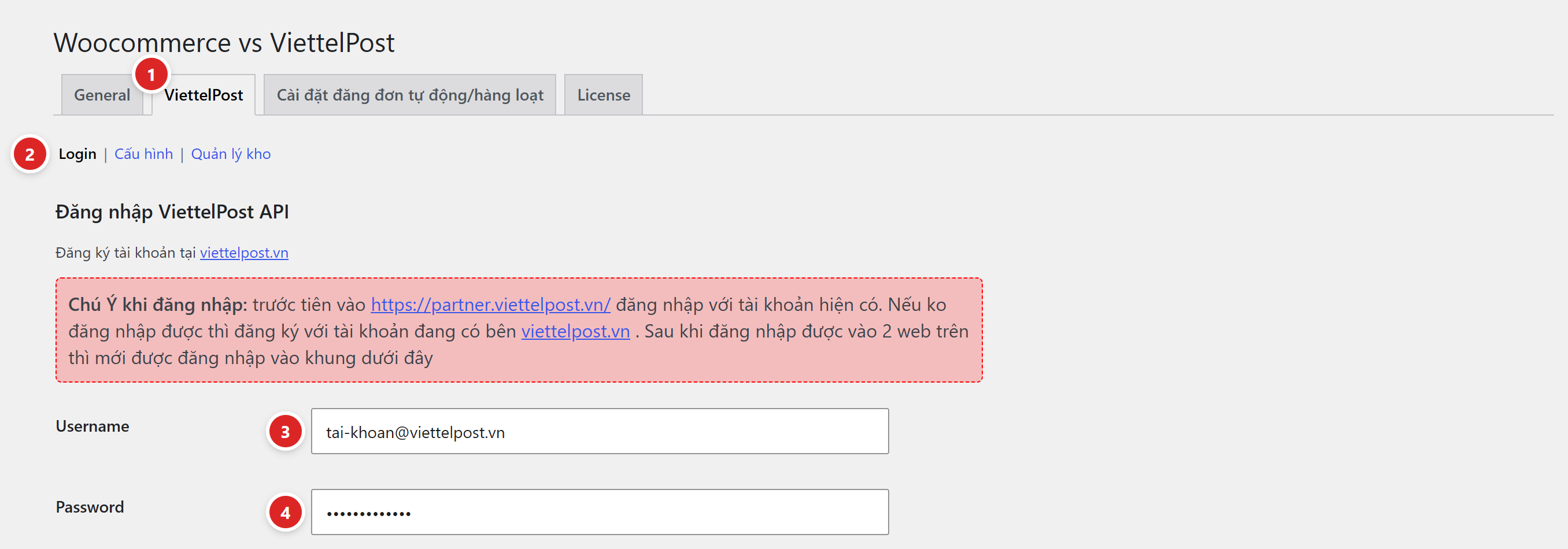 Tab ViettelPost với ba mục con Login, Cấu hình, Quản lý kho và khung đăng nhập API