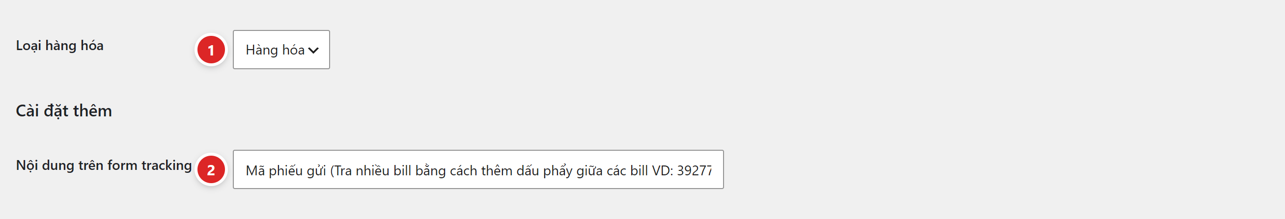 Ô chọn Loại hàng hóa và ô Nội dung trên form tracking