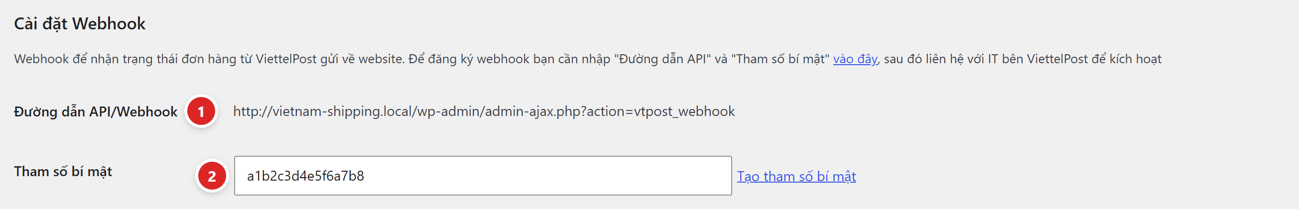 Khối Cài đặt Webhook với dòng Đường dẫn API/Webhook và ô Tham số bí mật kèm liên kết Tạo tham số bí mật