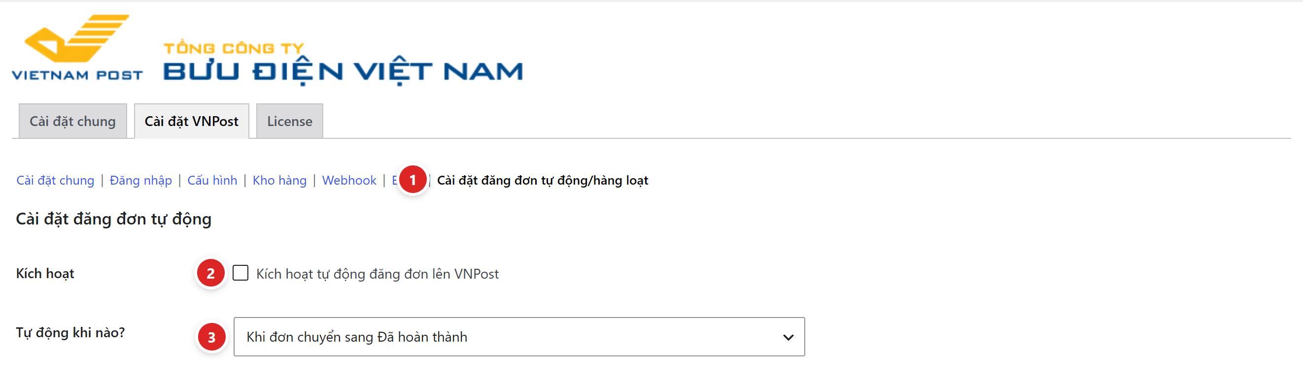 Mục Cài đặt đăng đơn tự động với ô Kích hoạt và ô chọn Tự động khi nào