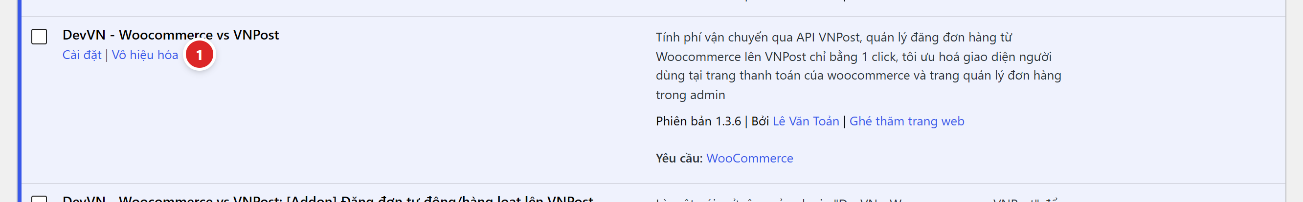 Dòng plugin DevVN Woocommerce vs VNPost trong danh sách plugin đã cài đặt