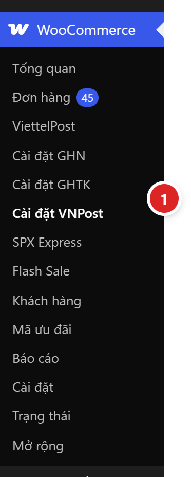 Menu WooCommerce trong quản trị WordPress, mục Cài đặt VNPost