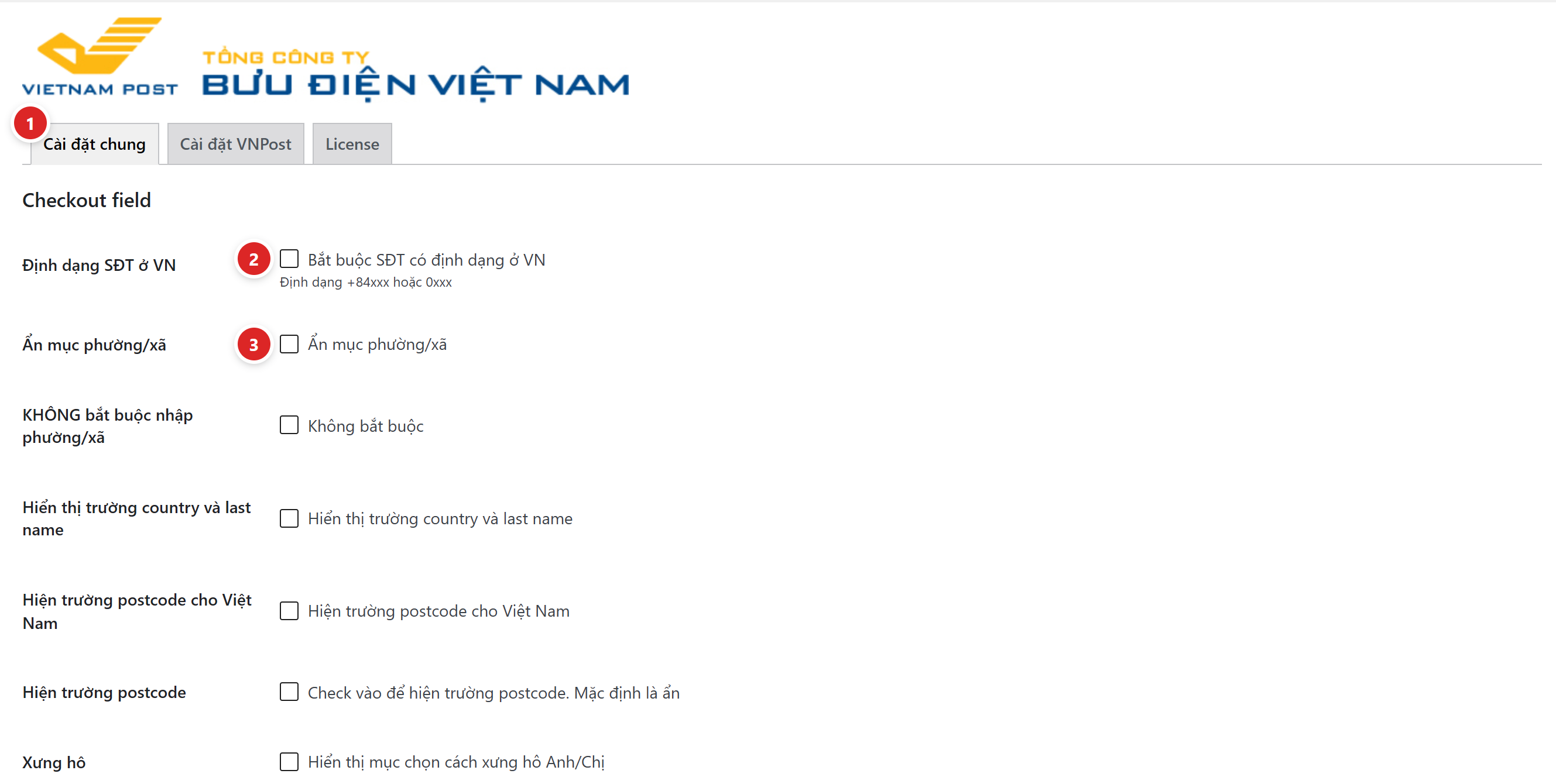 Tab Cài đặt chung với khối Checkout field gồm định dạng SĐT, ẩn phường xã, hiển thị country và postcode