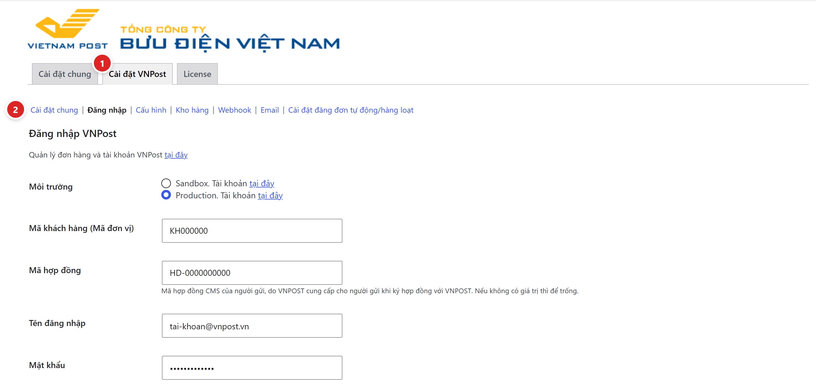 Tab Cài đặt VNPost với bảy mục con và khung đăng nhập VNPost