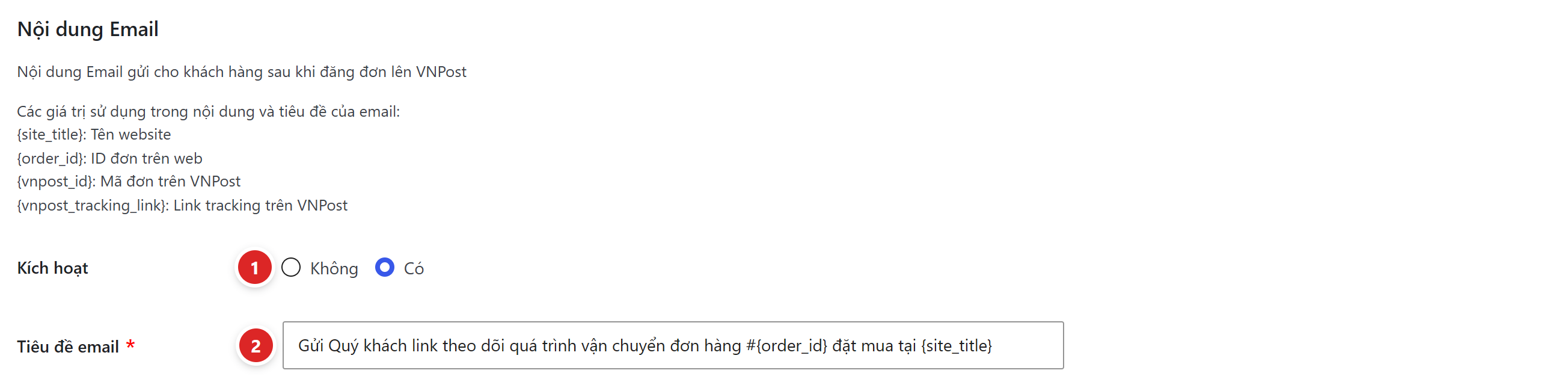 Mục Nội dung Email với danh sách mã thay thế, ô Kích hoạt và ô Tiêu đề email