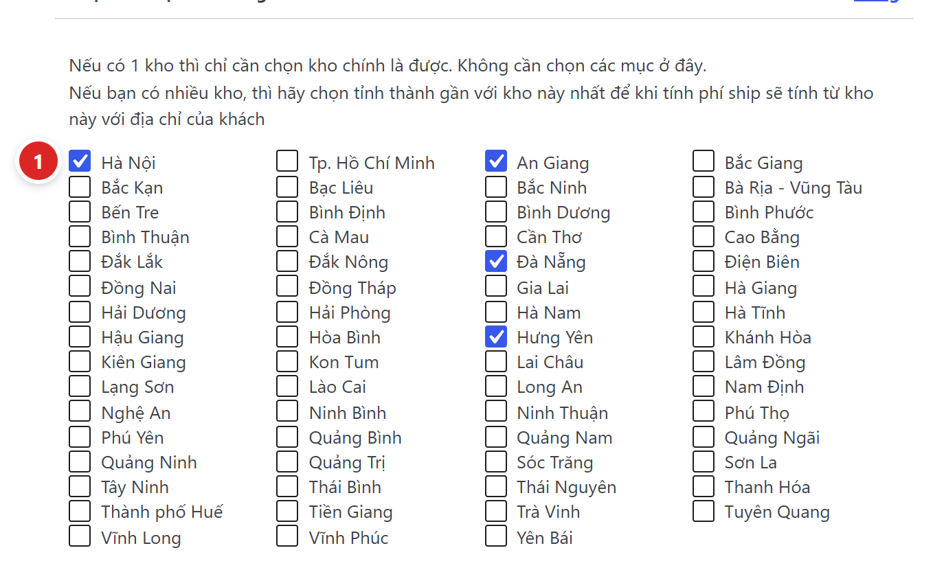 Bảng khu vực bán hàng với danh sách tỉnh thành có ô tích và lời giải thích ở trên