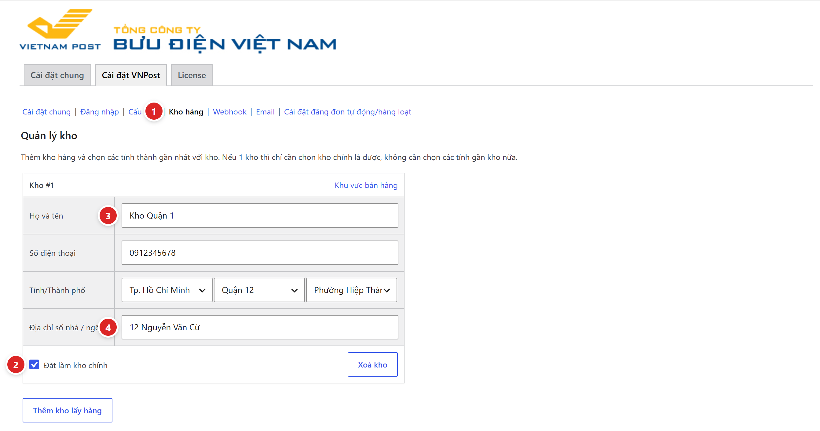 Mục Quản lý kho với thẻ kho gồm họ tên, số điện thoại, tỉnh thành, địa chỉ, ô Đặt làm kho chính và nút Thêm kho lấy hàng