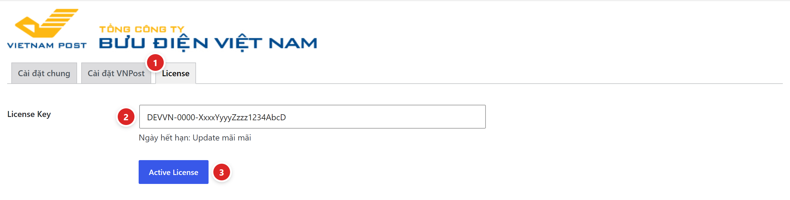 Tab License của plugin VNPost với ô License Key, ngày hết hạn và nút Active License