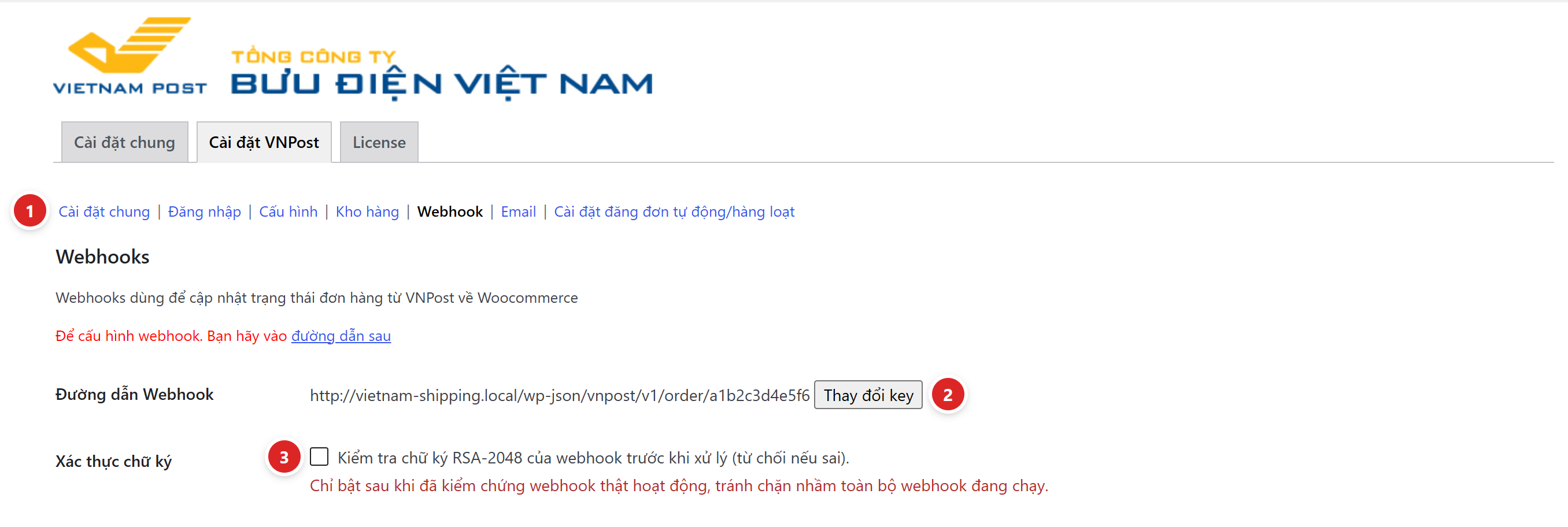 Mục Webhooks với đường dẫn webhook, nút Thay đổi key và ô Xác thực chữ ký RSA-2048