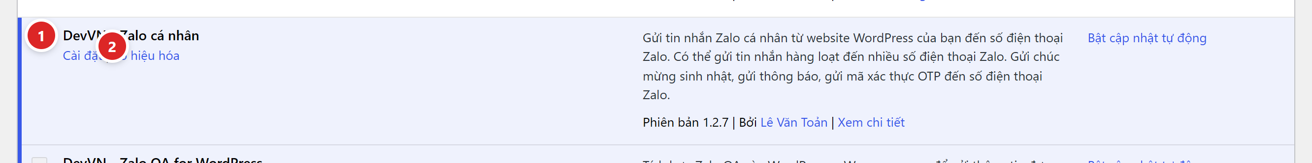 Dòng plugin Zalo cá nhân trong danh sách plugin, tên plugin đánh số 1 và liên kết Vô hiệu hoá đánh số 2