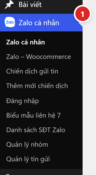 Menu Zalo cá nhân ở cột trái trang quản trị được đánh số 1