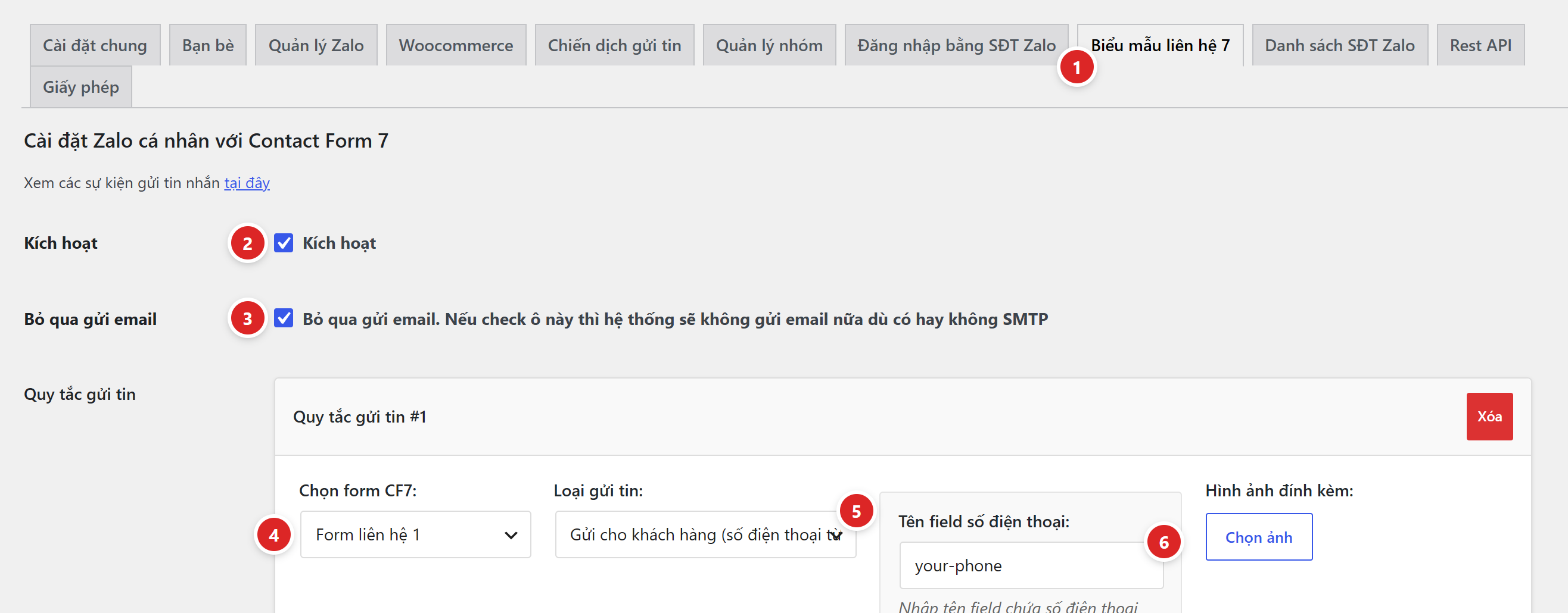 Tab Contact Form 7 với ô kích hoạt, bỏ qua gửi email và một quy tắc gửi tin gồm chọn form, loại gửi tin, tên field số điện thoại
