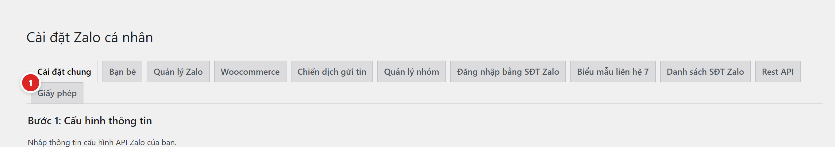 Thanh tab của trang Cài đặt Zalo cá nhân, tab Cài đặt chung được đánh số 1