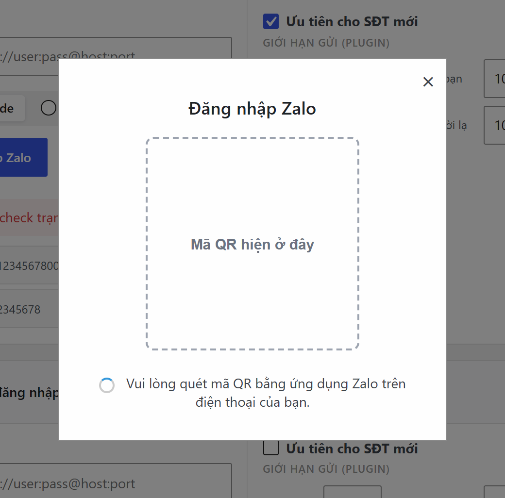 Hộp thoại Đăng nhập Zalo với khung mã QR và dòng nhắc quét mã bằng ứng dụng Zalo