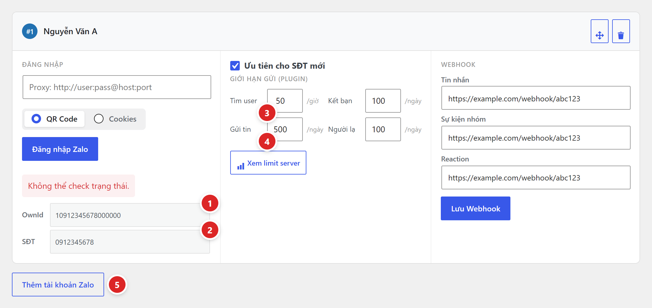 Thẻ tài khoản Zalo với OwnId, số điện thoại, các ô giới hạn gửi và ba ô webhook