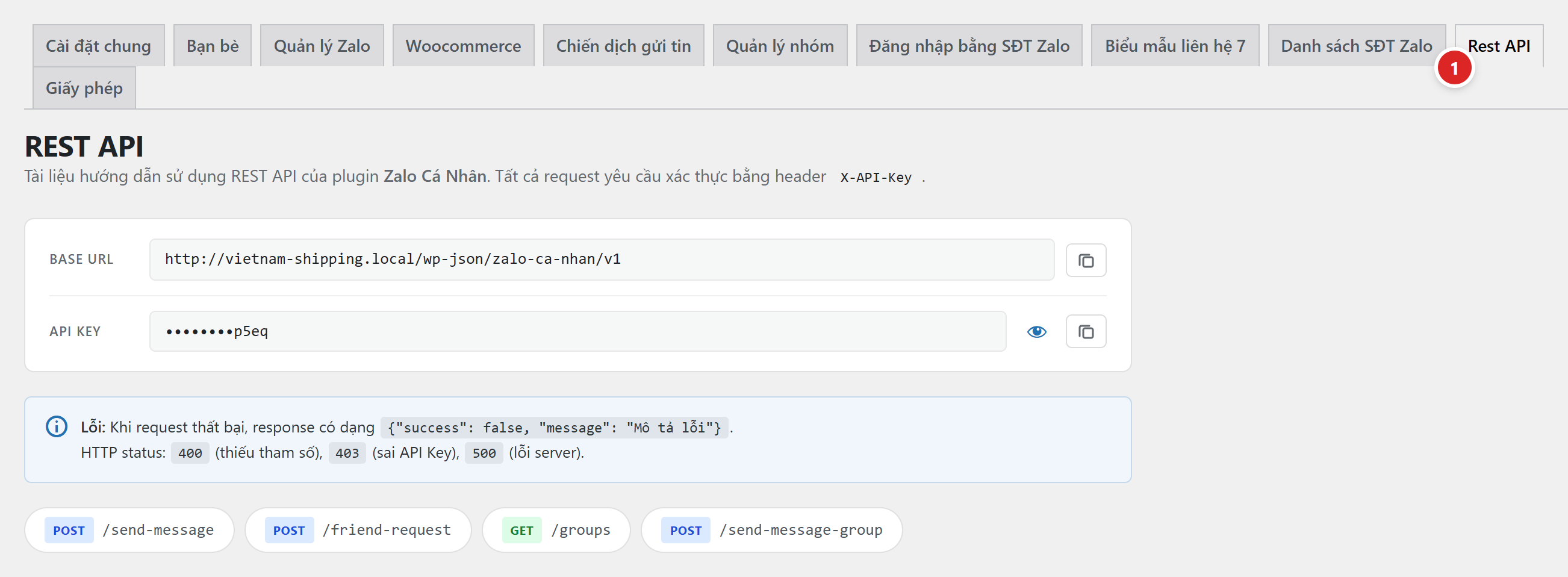 Tab Rest API với địa chỉ gốc, ô API Key và danh sách các đường dẫn send-message, friend-request, groups, send-message-group