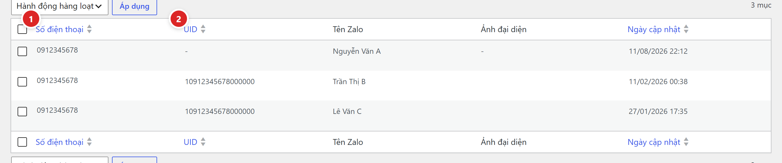 Bảng thông tin số điện thoại Zalo với các cột số điện thoại, UID, tên Zalo, ảnh đại diện và ngày cập nhật