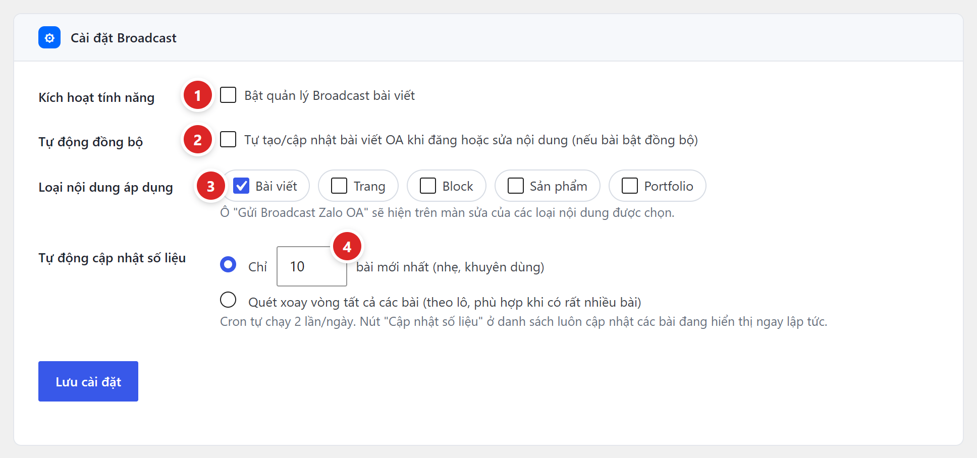 Khối Cài đặt Broadcast với các lựa chọn kích hoạt tính năng, tự động đồng bộ, loại nội dung áp dụng và cách cập nhật số liệu