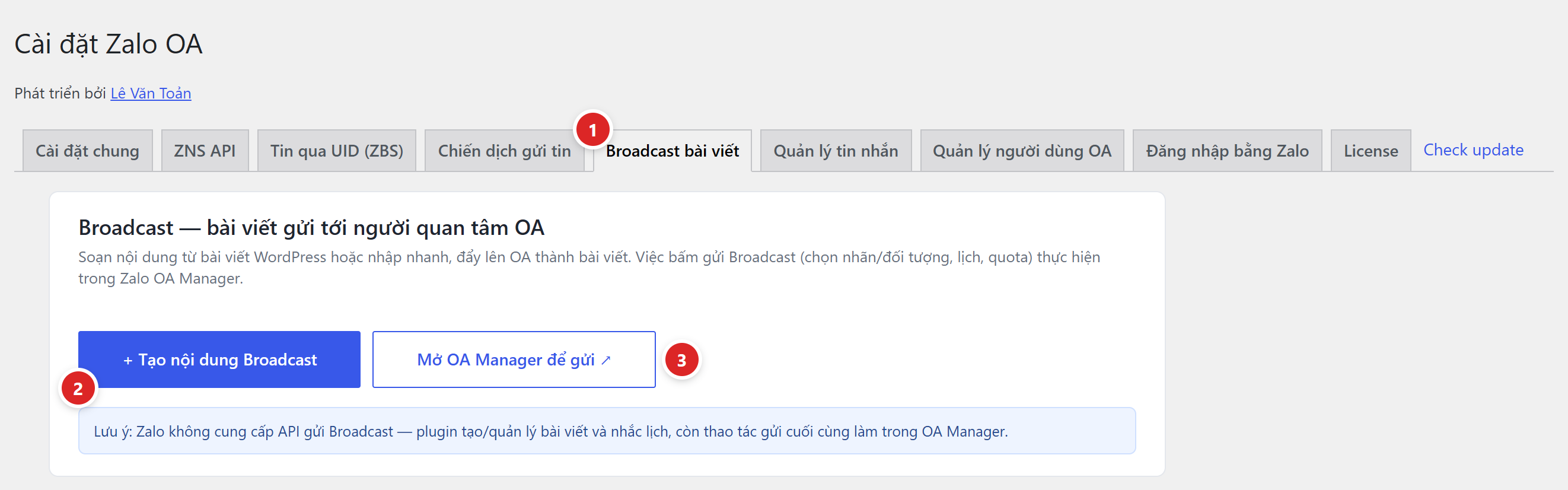 Đầu tab Broadcast với hai nút Tạo nội dung Broadcast và Mở OA Manager để gửi