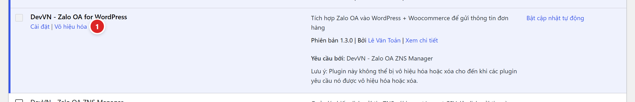 Dòng plugin DevVN Zalo OA trong danh sách plugin đã cài đặt, có liên kết Cài đặt và Vô hiệu hóa