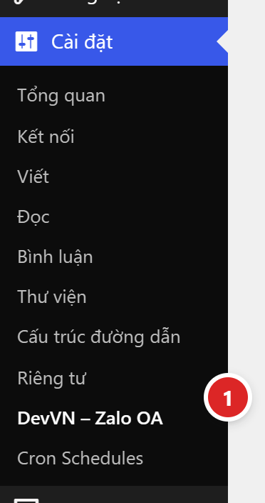 Menu Cài đặt trong quản trị WordPress, mục DevVN Zalo OA nằm gần cuối danh sách